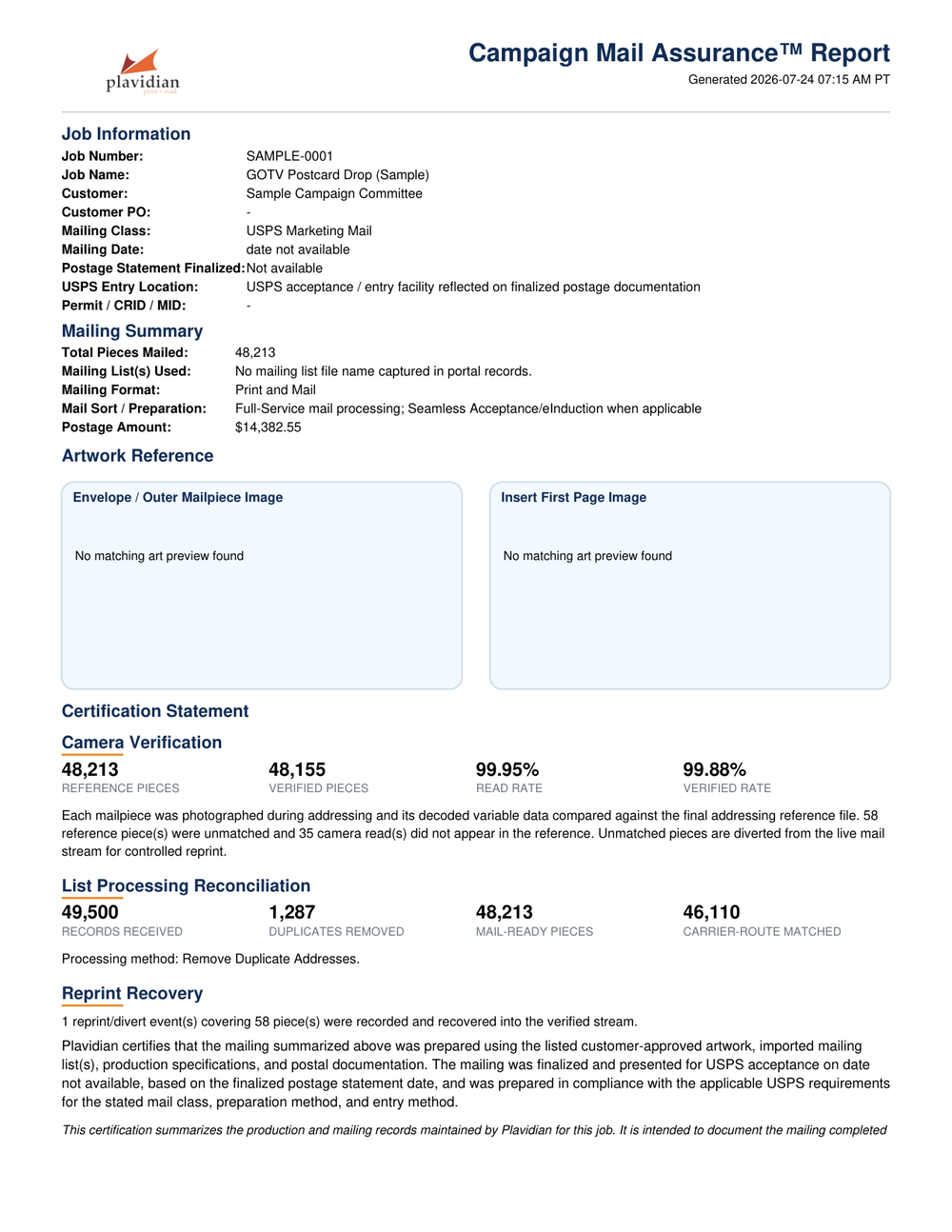 First page of a sample Plavidian Assurance Report showing camera verification and list reconciliation sections