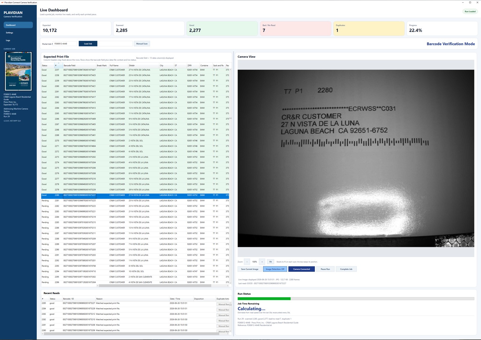 Plavidian Connect Camera Verification live dashboard