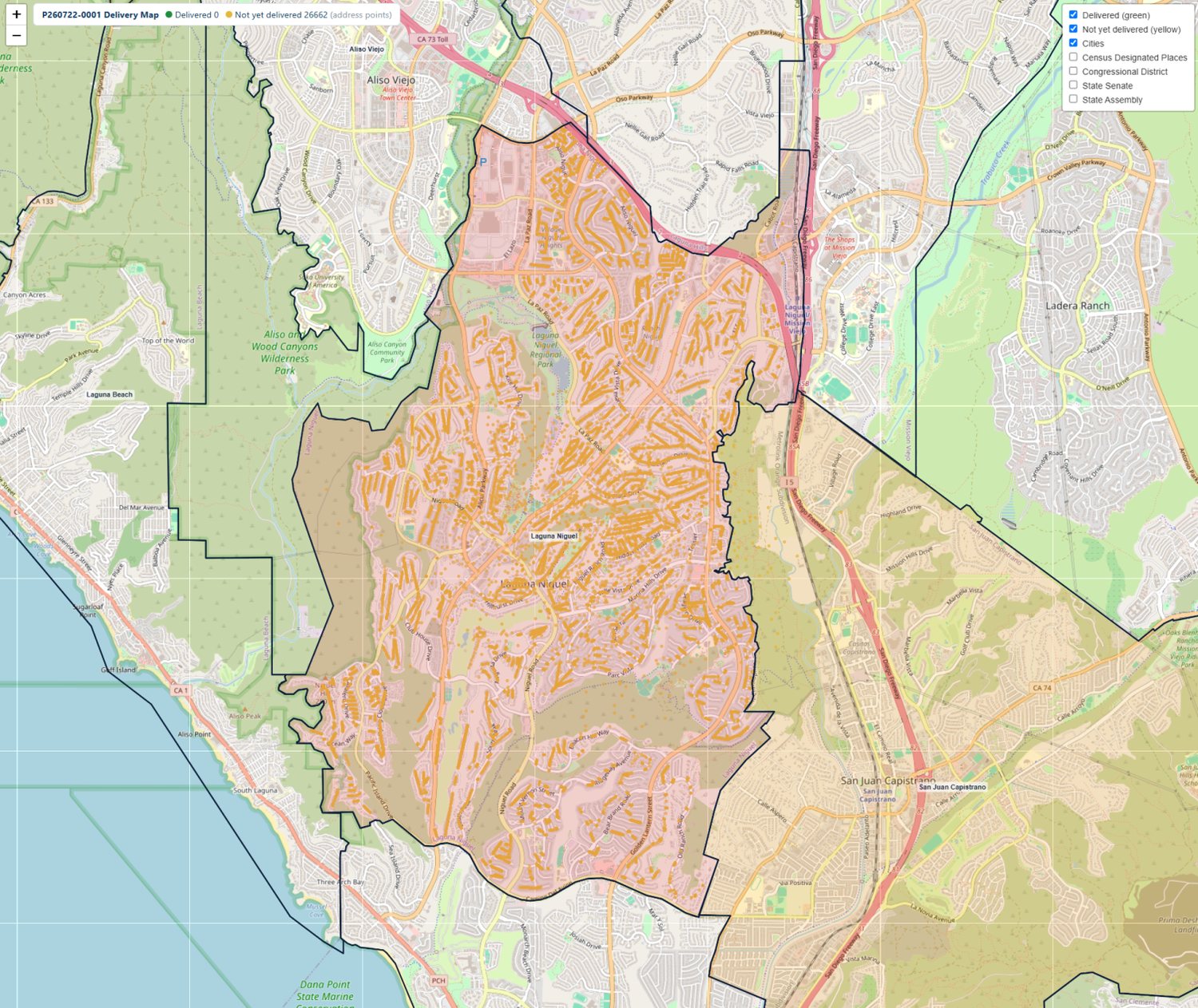 Plavidian Insight delivery map: 26,662 mailpieces plotted at their street addresses across Laguna Niguel, with the city boundary drawn and each dot colored by delivery status