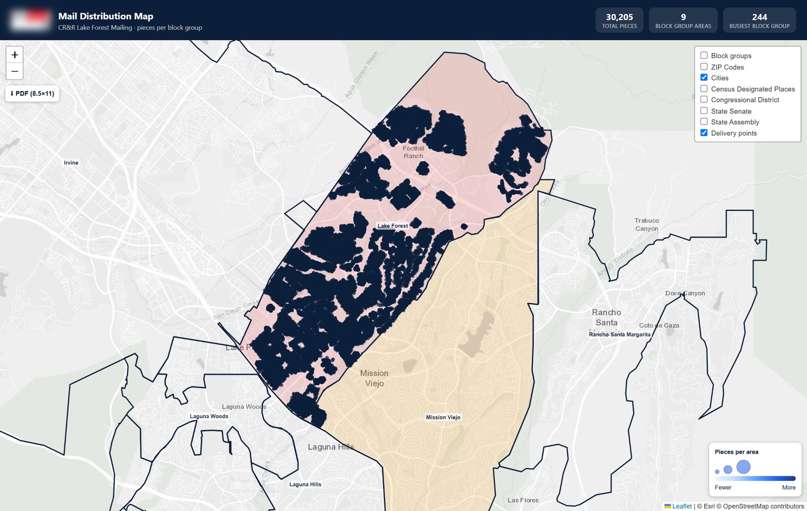 Mail Distribution Map for the Orange County mailing: pieces per block group in Lake Forest and Mission Viejo
