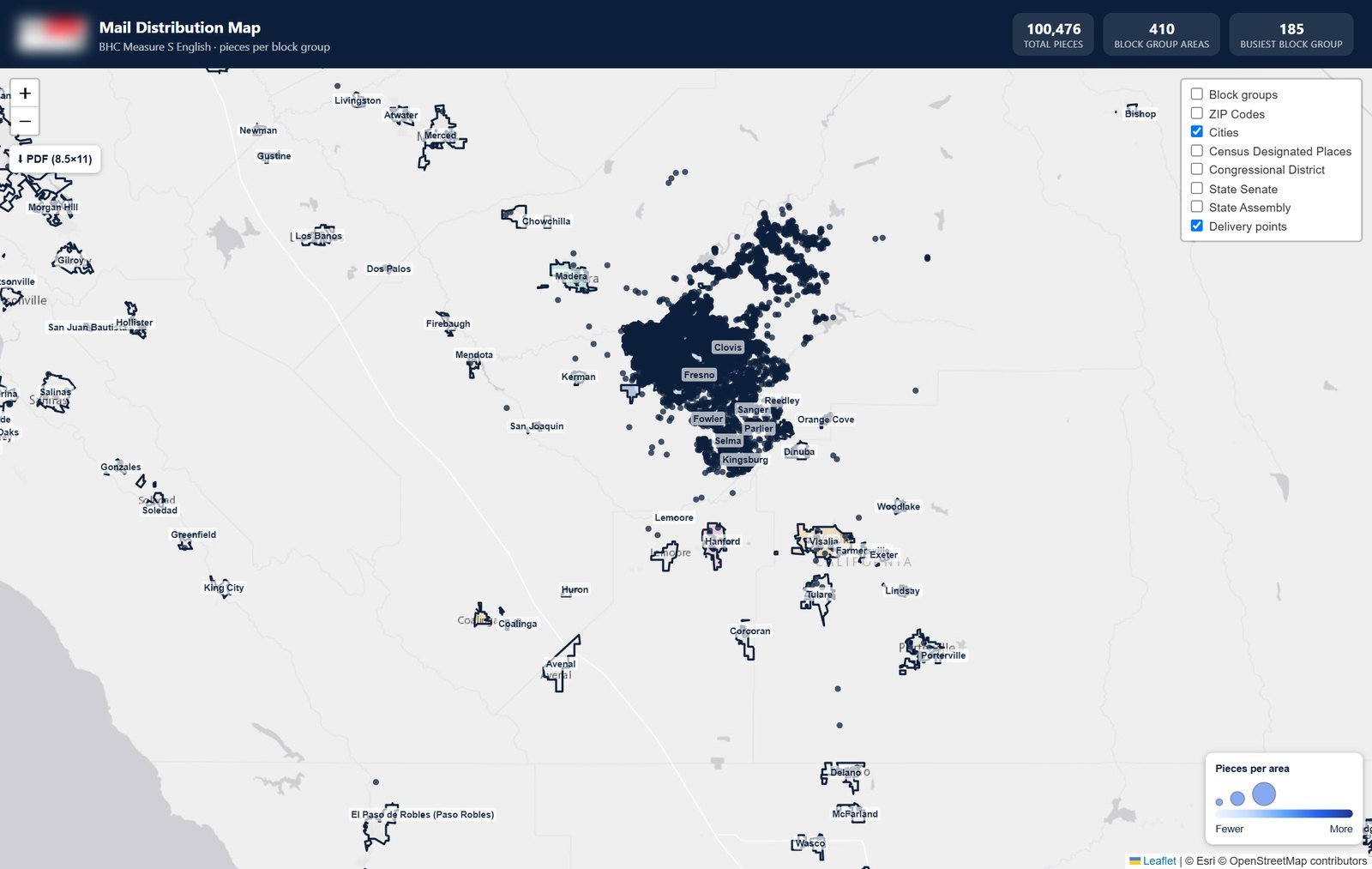 Mail Distribution Map for a 105,426-piece Fresno mailing: pieces per block group over city boundaries