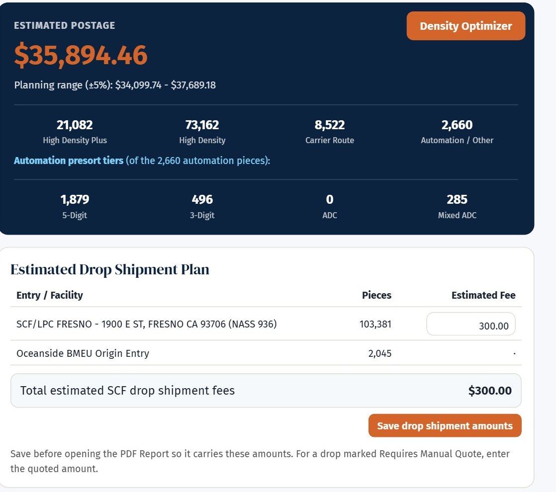 Mailing Blueprint estimated postage and drop-shipment plan with the editable freight amounts