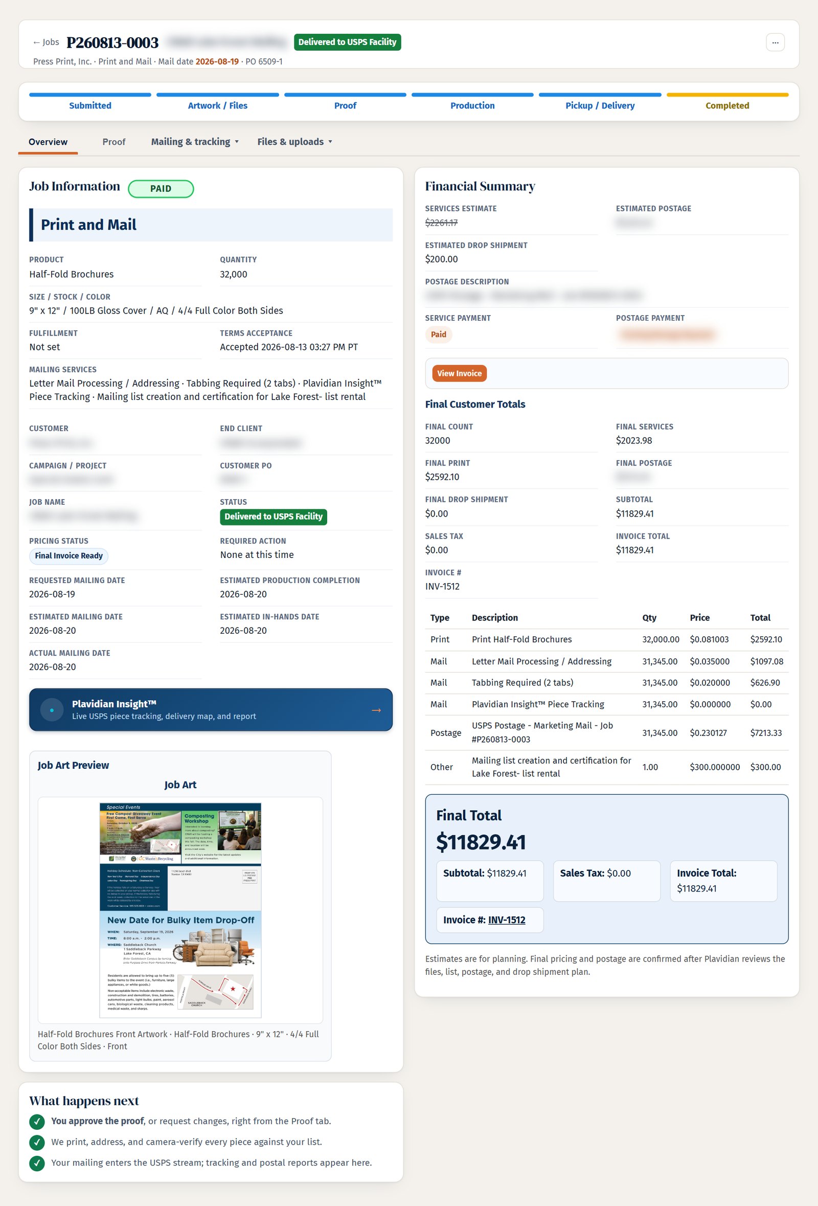 A customer job page in a Plavidian account: the status rail from Submitted to Completed, job information, the financial summary with invoice lines, and the job art preview