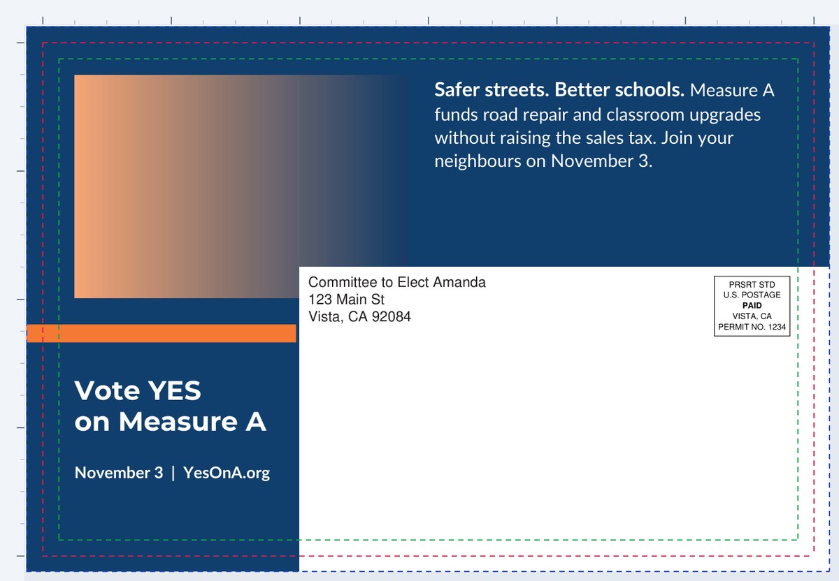 The Plavidian Online Designer canvas with a postcard design, address panel and permit imprint