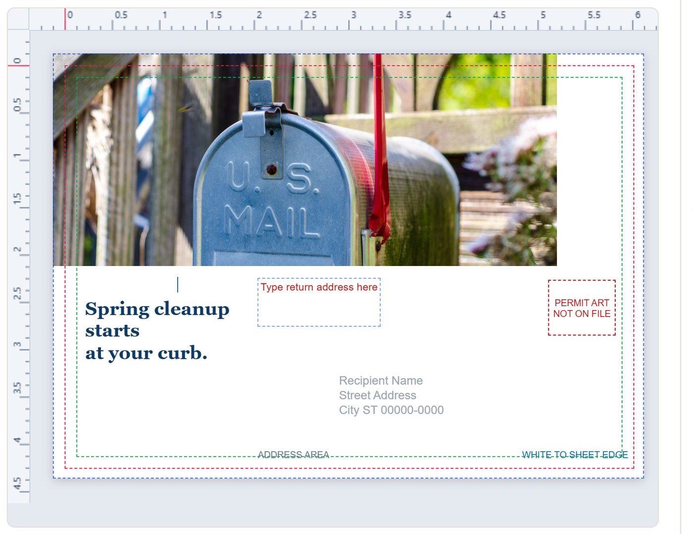 Plavidian Studio canvas: rulers, bleed edge, cut line and safe zone around a postcard design with its address panel and permit imprint