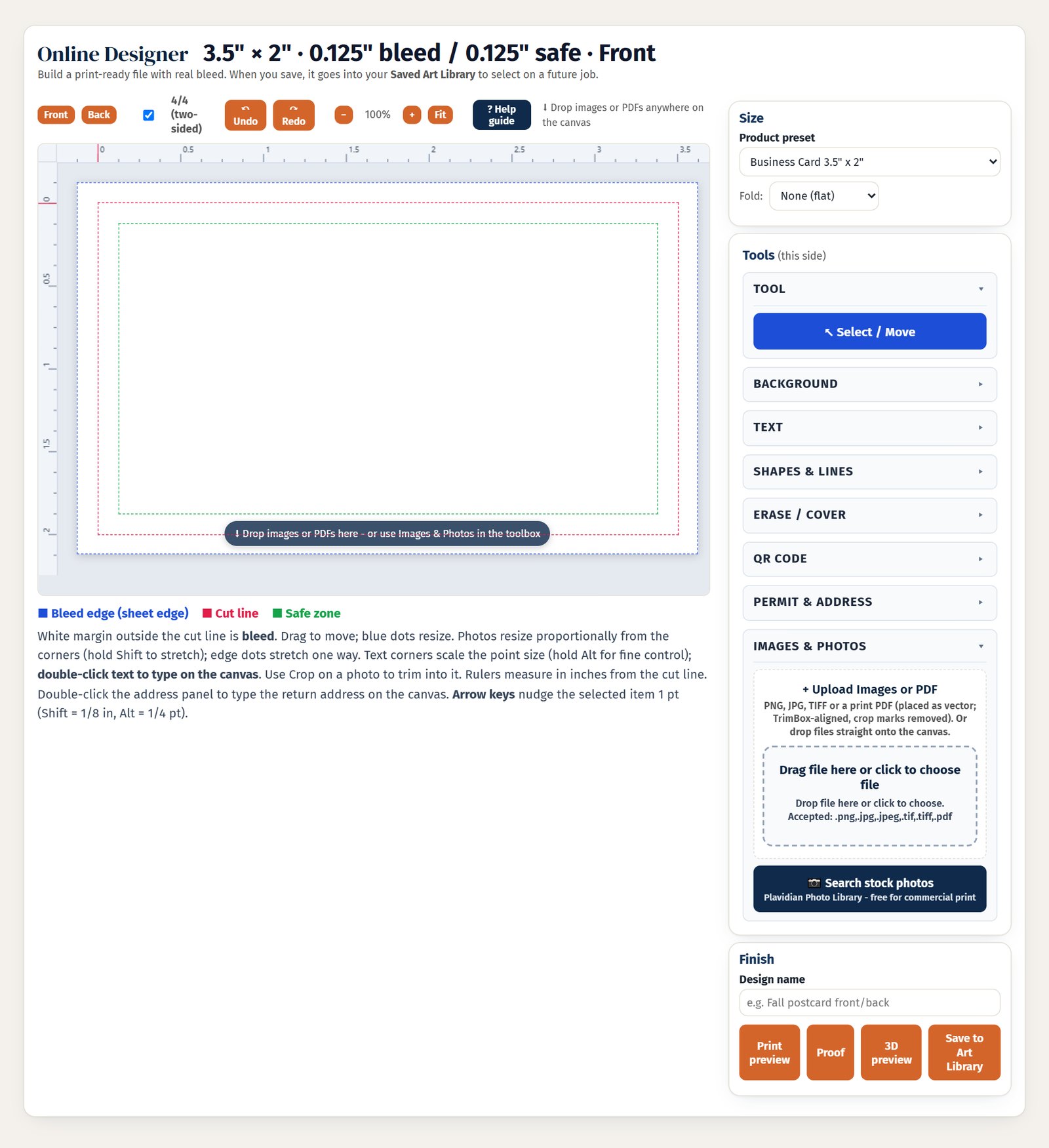 Plavidian Studio open in Plavidian Connect: the canvas with bleed, cut and safe guides, the product preset and the toolbox