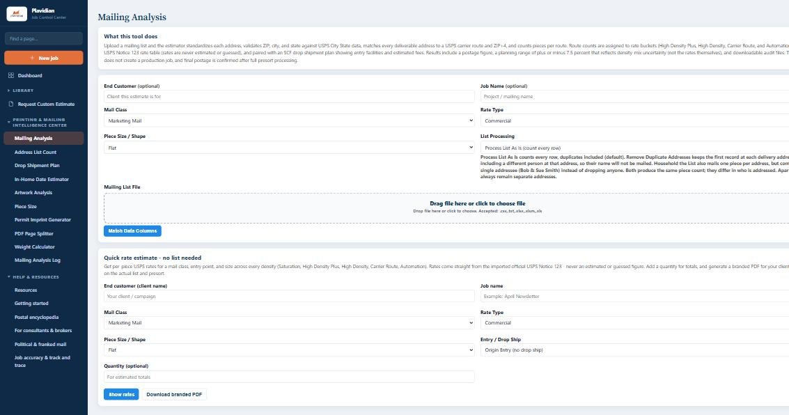 Mailing Blueprint inside Plavidian Connect: list upload, processing options, and postage results