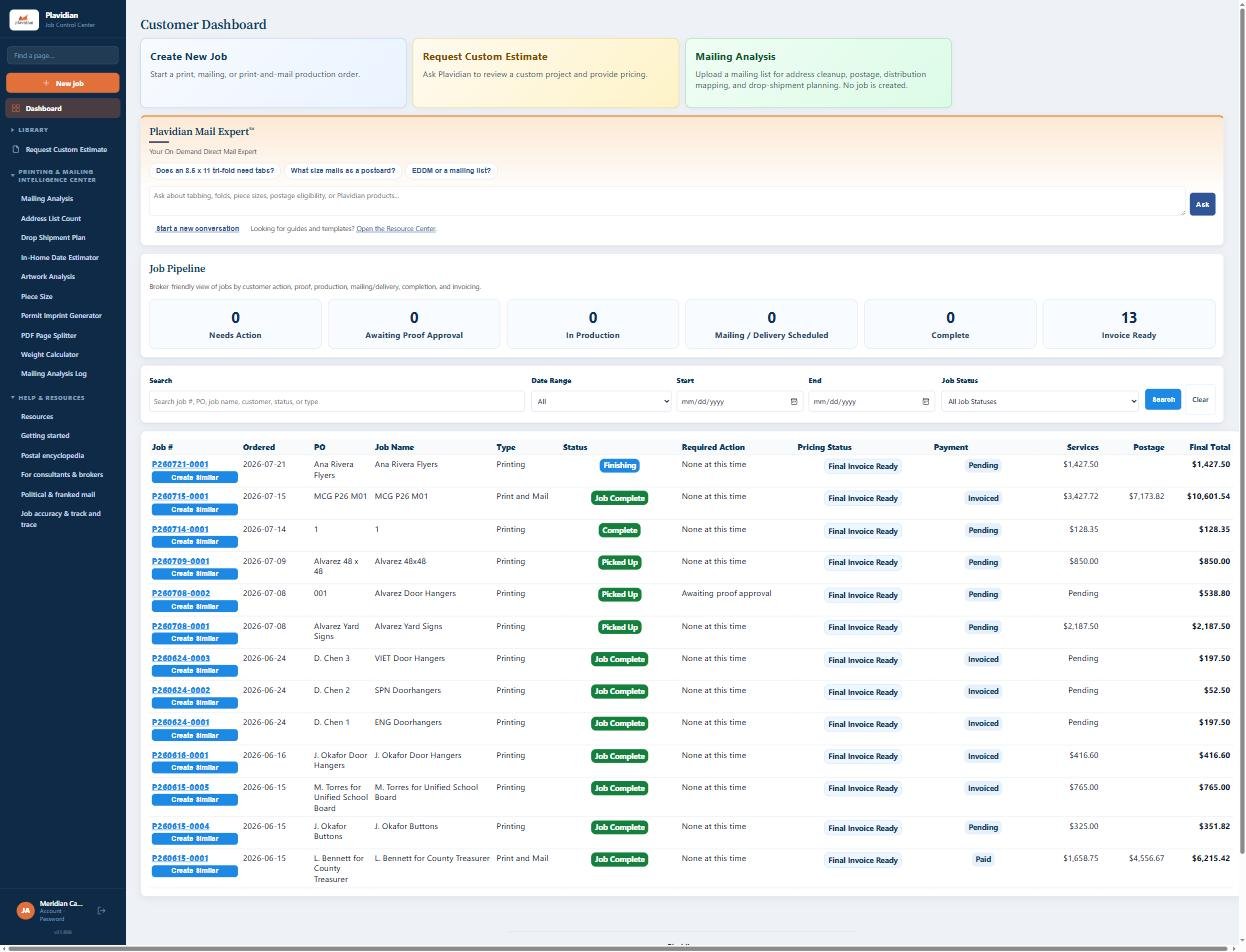 The Plavidian Connect Job Control Center: live job list with status, proofs, and postage