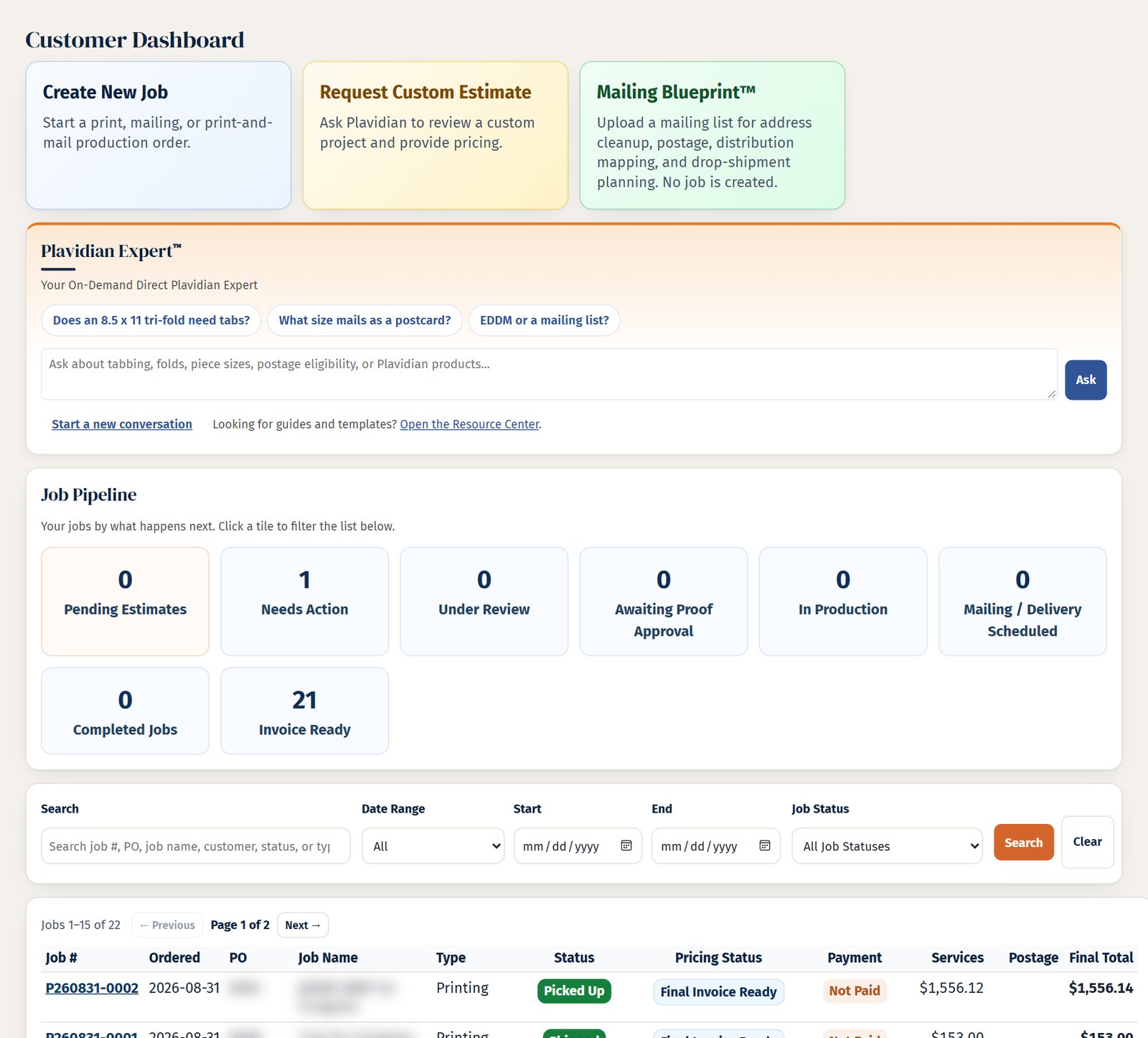 The Plavidian Connect Job Control Center: live job list with status, proofs, and postage